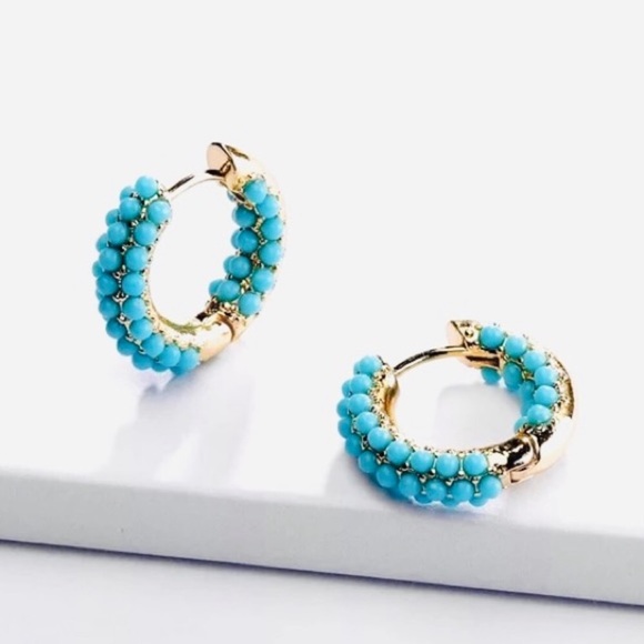 Jewelry - New! Gold Turquoise Bead Huggie Earrings